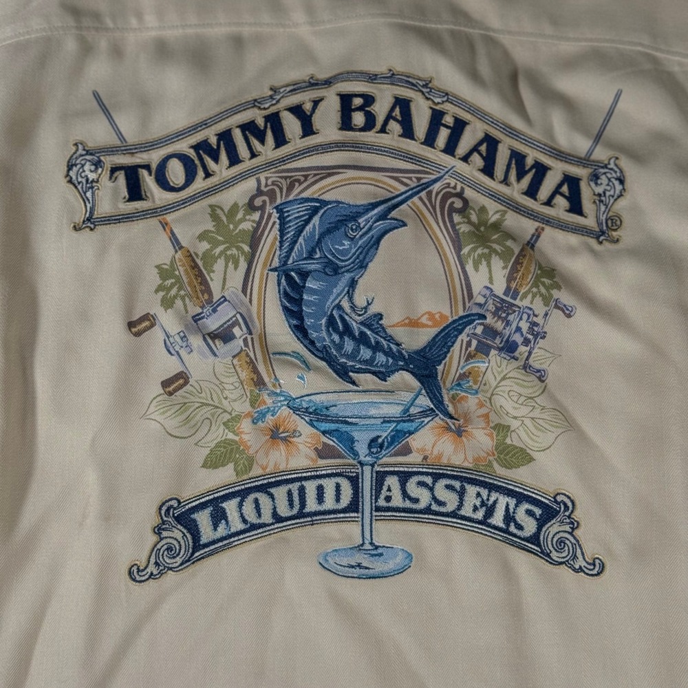 Tommy Bahama Silk Camp Shirt Liquid Assets Marlin Fishing Tan Medium Mens Vtg